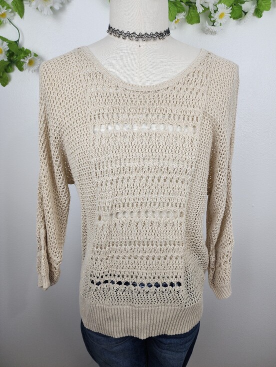 C Sweaters - Charming Charlie Beige Open-Knit Sweater - Gold Sparkle - Cold Shoulder Sz XL